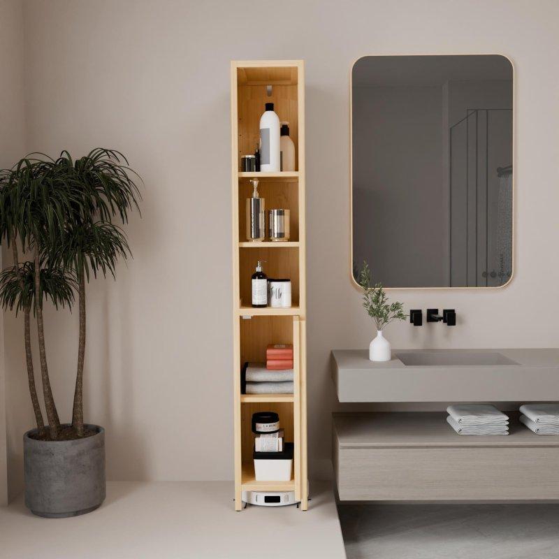 Doğal Renk Bambu Raflı Kapaklı Dar Uzun Çok Amaçlı Banyo Dolabı - 165 cm - 334200