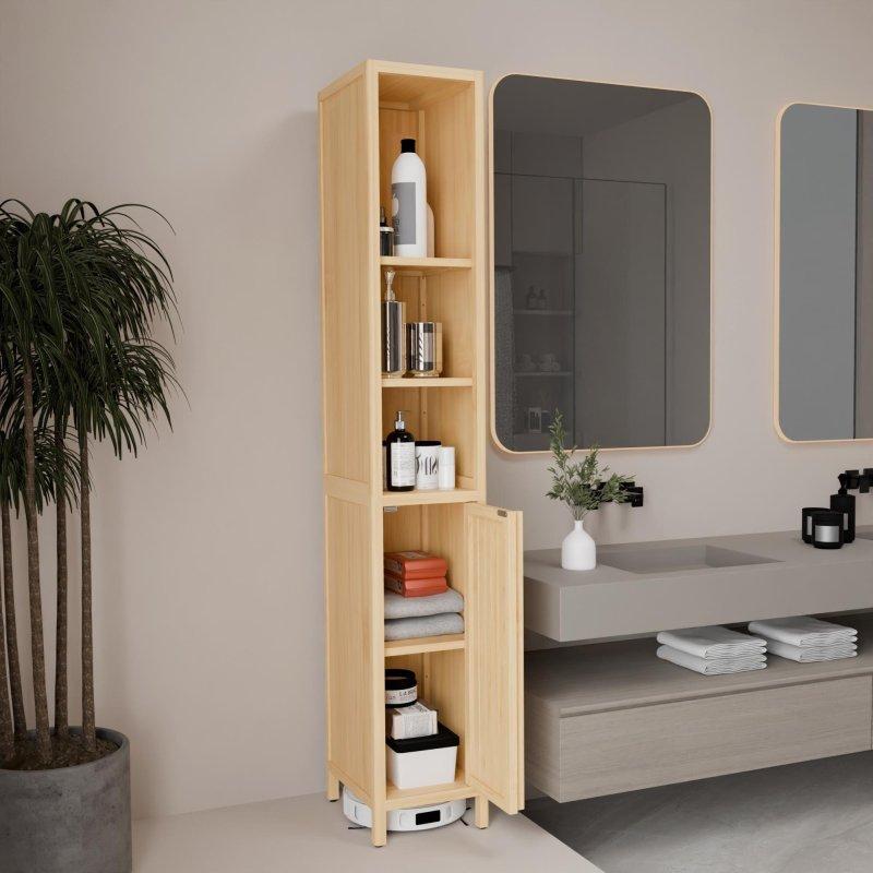 Doğal Renk Bambu Raflı Kapaklı Dar Uzun Çok Amaçlı Banyo Dolabı - 165 cm - 334200