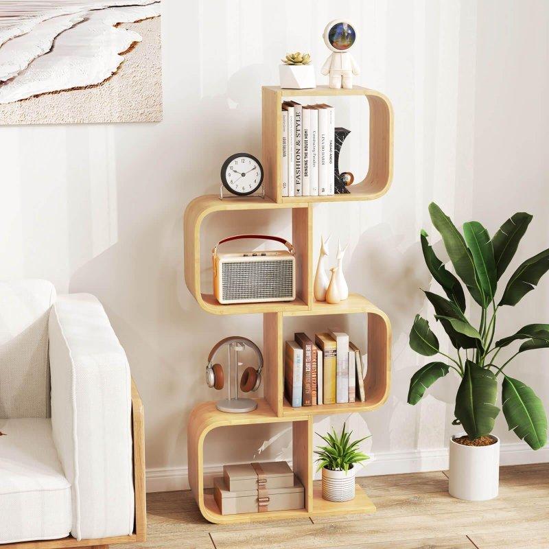 Doğal Renk Bambu S-Şekilli 4 Raflı Geometrik Kitaplık - 134 cm - 318807