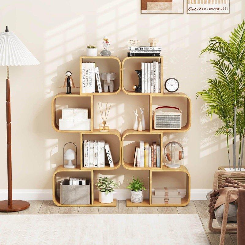 Doğal Renk Bambu S-Şekilli 4 Raflı Geometrik Kitaplık - 134 cm - 318807