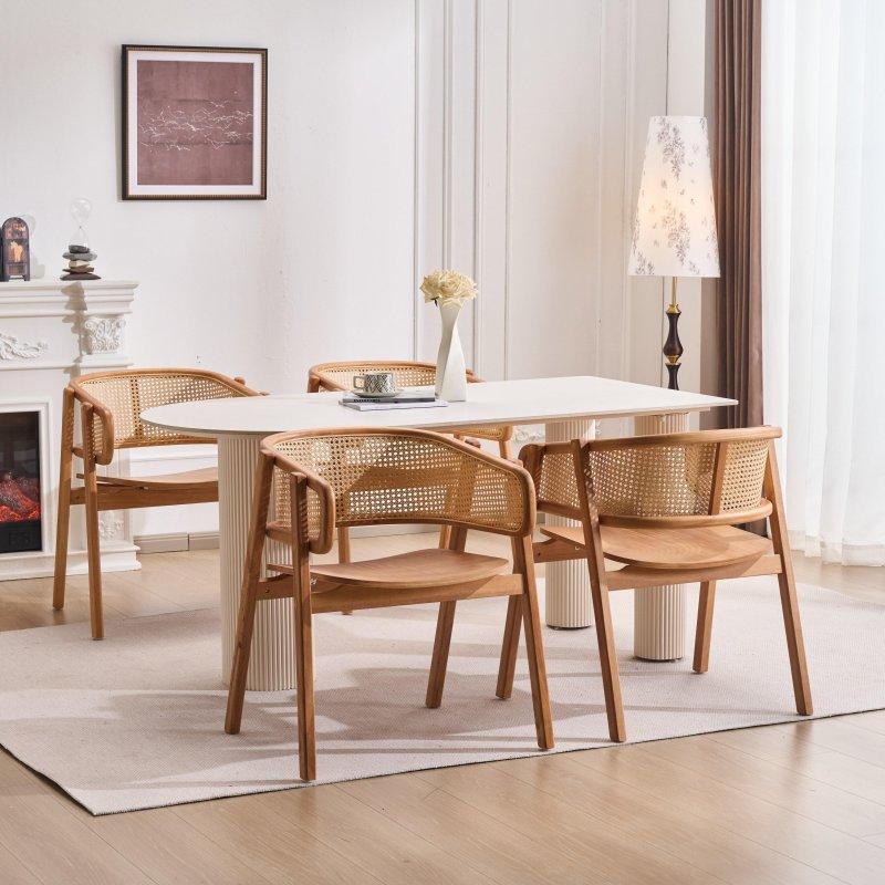 Doğal Renk Kauçuk Ağacı Kavisli Sırtlı Kollu Rattan Sandalye Seti - 66x55x77 cm - 252637