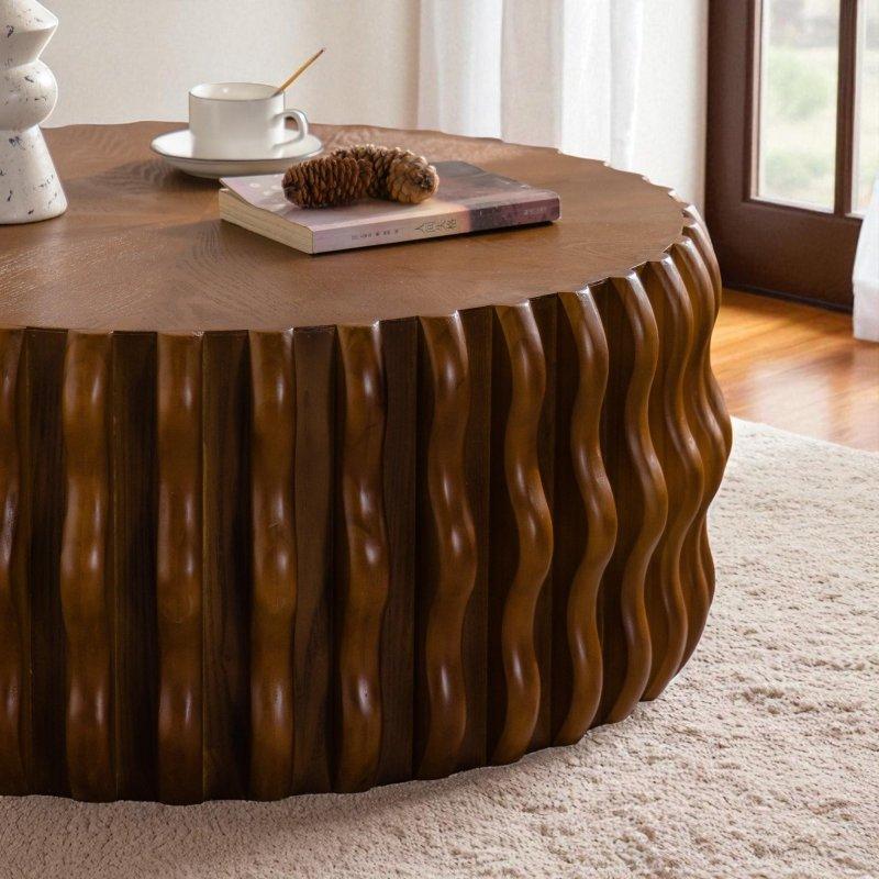 Doğal Renk Masif Ahşap ve MDF Yivli Tambur Kaideli Yuvarlak Orta Sehpa - 98 cm - 241642
