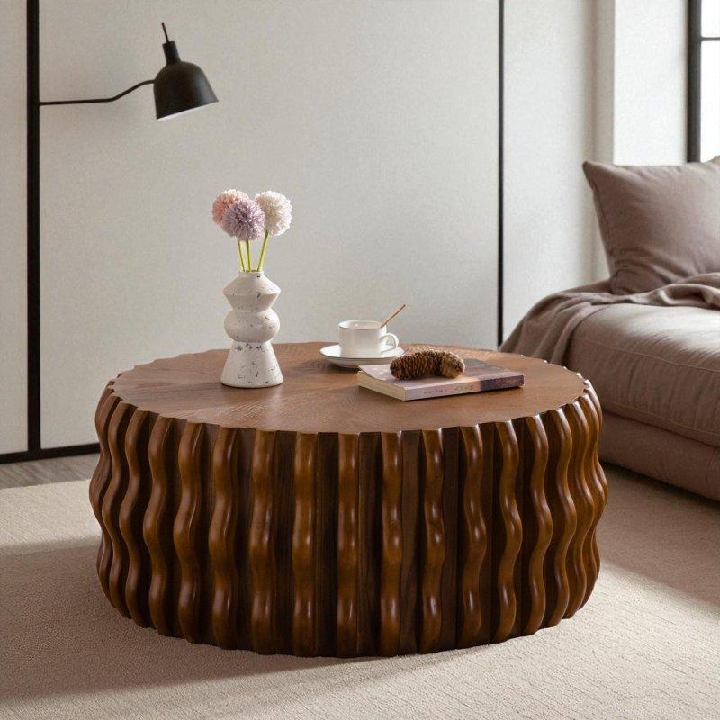 Doğal Renk Masif Ahşap ve MDF Yivli Tambur Kaideli Yuvarlak Orta Sehpa - 98 cm - 241642