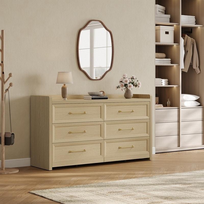 Doğal Renk MDF 6 Çekmeceli Tekerlekli Gold Kulplu Şifonyer - 144 cm - 304478