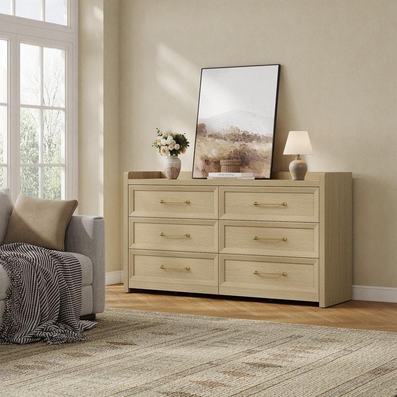 Doğal Renk MDF 6 Çekmeceli Tekerlekli Gold Kulplu Şifonyer - 144 cm - 304478