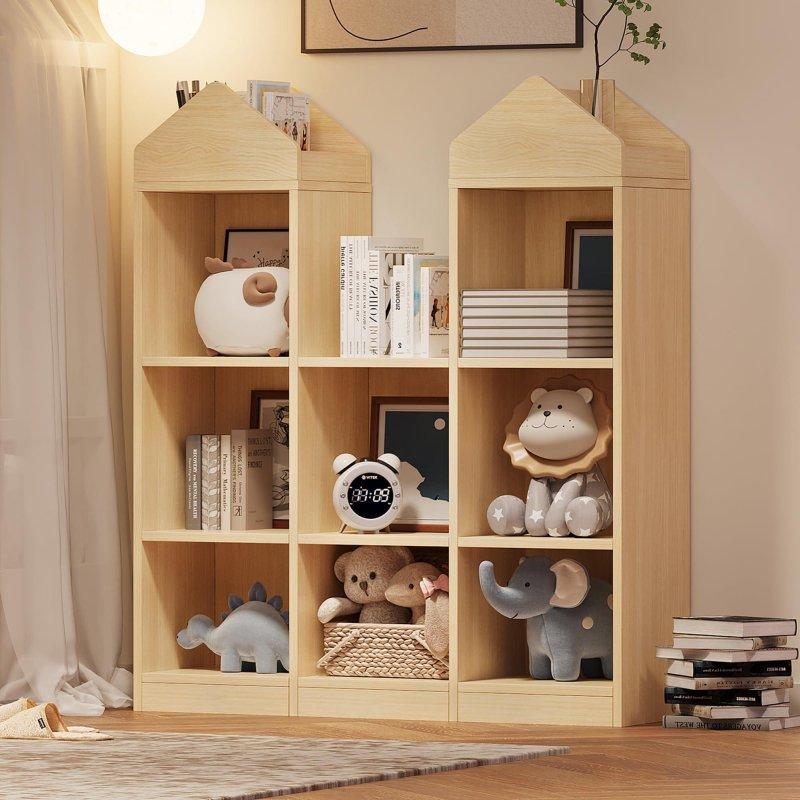 Doğal Renk MDF Çatı Tasarımlı 8 Bölmeli Çocuk Odası Kitaplık - 108x92 cm - 316389