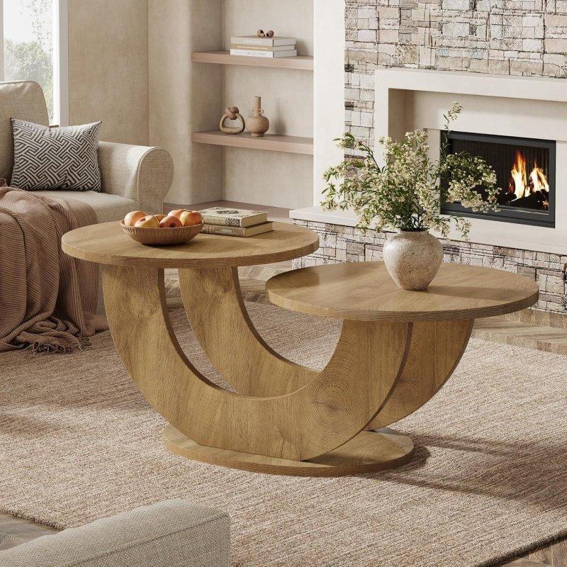 Doğal Renk MDF İki Katlı U Şekilli Bazalı Yuvarlak Orta Sehpa - 115x60x50 cm - 243442