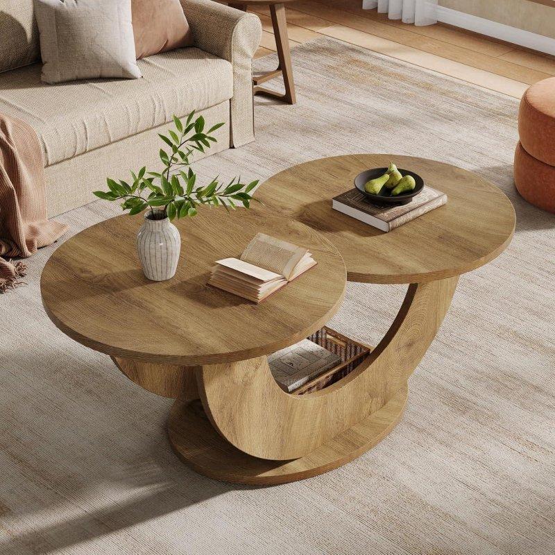 Doğal Renk MDF İki Katlı U Şekilli Bazalı Yuvarlak Orta Sehpa - 115x60x50 cm - 243442