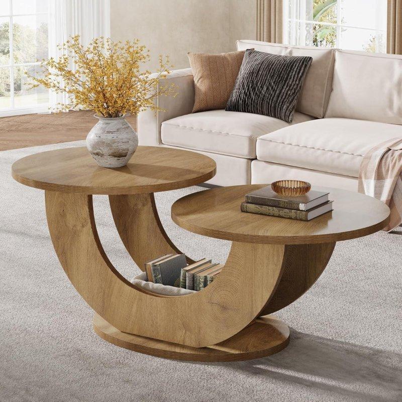 Doğal Renk MDF İki Katlı U Şekilli Bazalı Yuvarlak Orta Sehpa - 115x60x50 cm - 243442