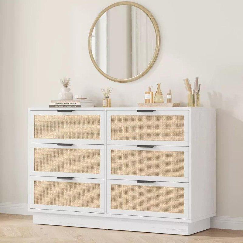 Doğal Renk Meşe Rattan 6 Çekmeceli Metal Kulplu Şifonyer - 120 cm - 306482