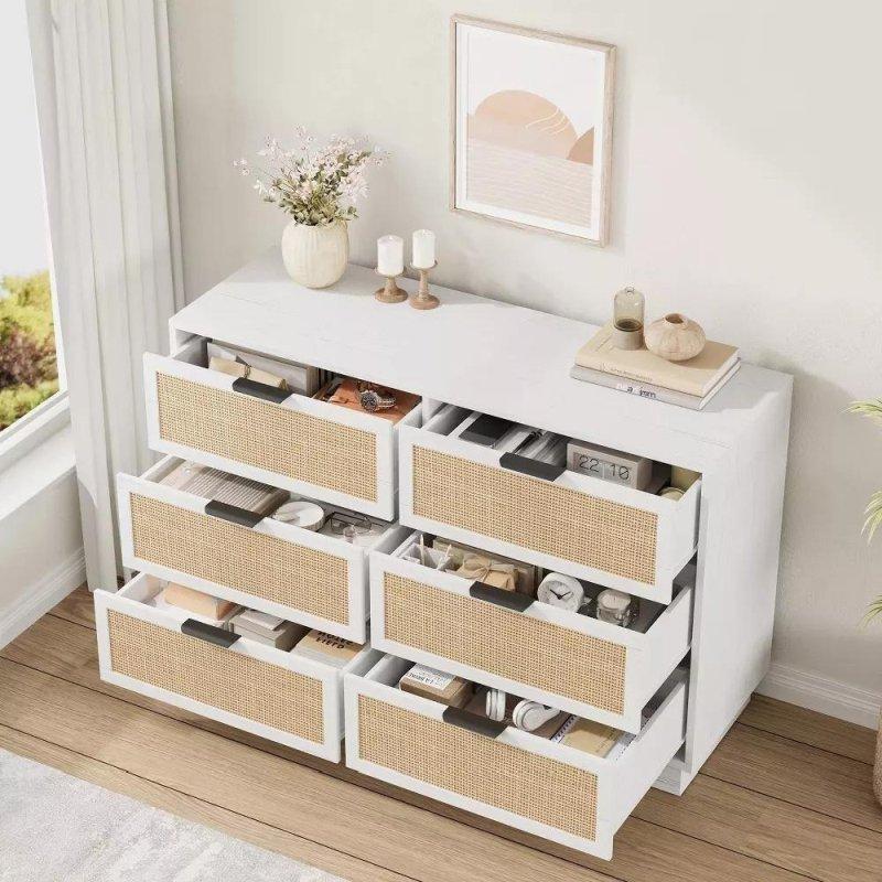 Doğal Renk Meşe Rattan 6 Çekmeceli Metal Kulplu Şifonyer - 120 cm - 306482