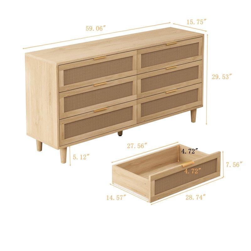 Doğal Renk Rattan Ahşap 6 Çekmeceli Modern Şifonyer - 151 cm - 303528