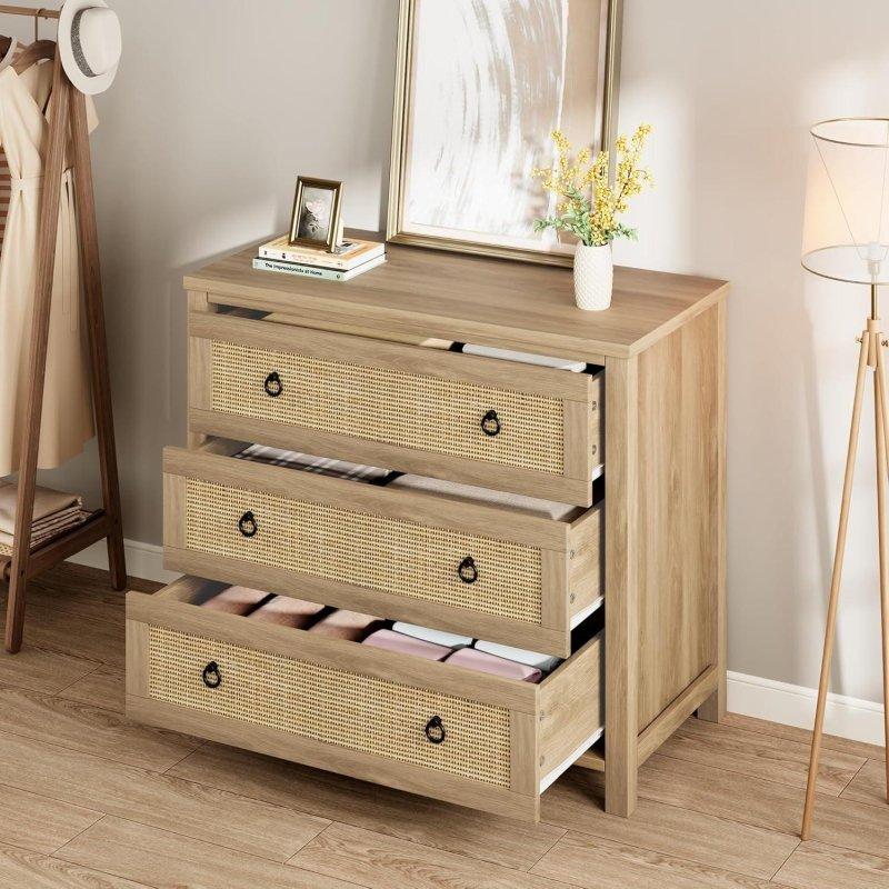 Doğal Renk Rattan Detaylı 3 Çekmeceli MDF Bohem Şifonyer - 81x74x41 cm - 297819