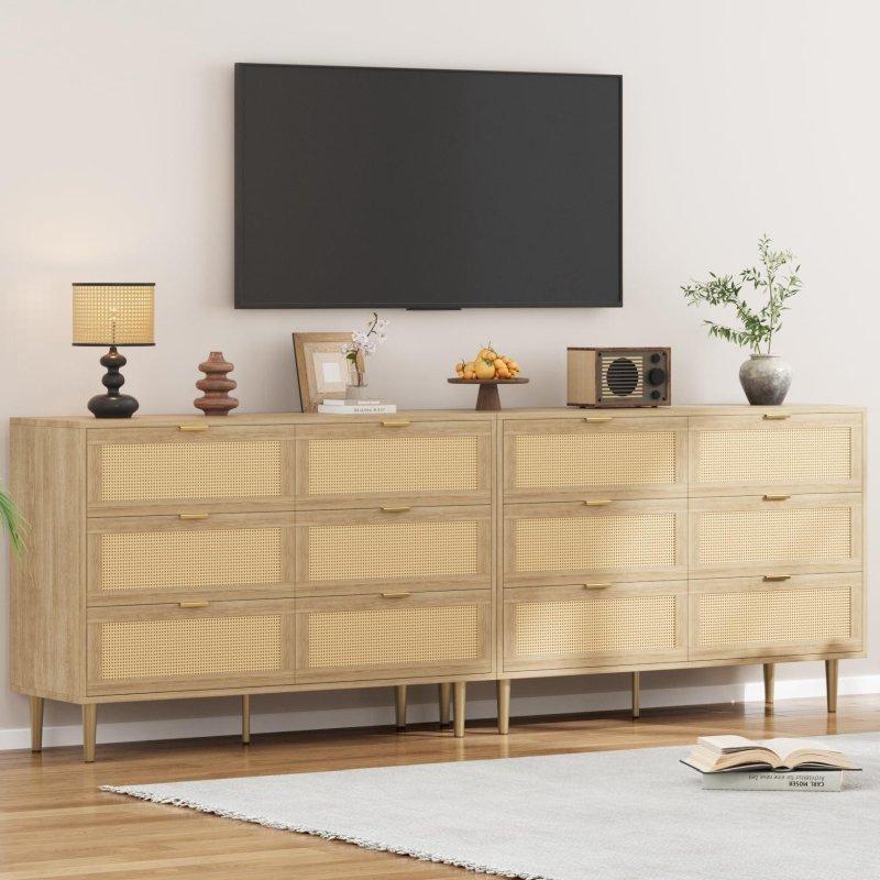 Doğal Renk Rattan Detaylı Gold Kulplu 6 Çekmeceli MDF Şifonyer - 299448