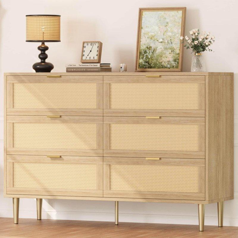 Doğal Renk Rattan Detaylı Gold Kulplu 6 Çekmeceli MDF Şifonyer - 299448
