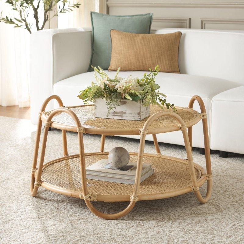 Doğal Renk Rattan Hasır Raflı Yuvarlak Orta Sehpa - 84x46 cm - 240051