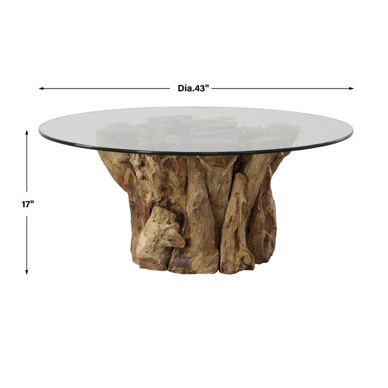 Doğal Tik Ağacı Kökü Cam Tablalı El Yapımı Yuvarlak Orta Sehpa - 110x44 cm - 242507