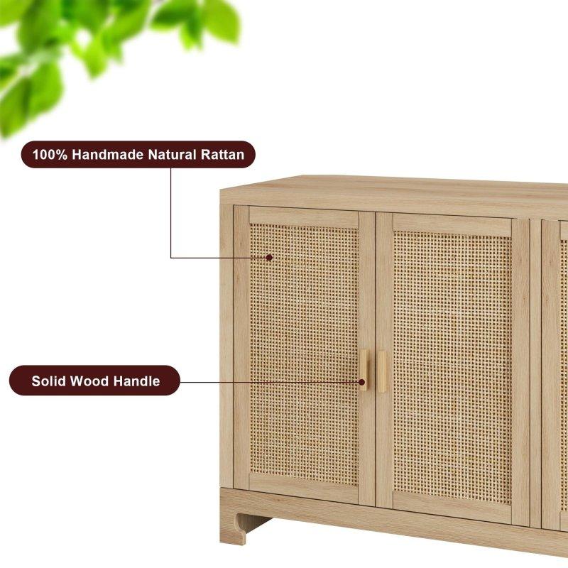 Doğal ve Beyaz El Yapımı Rattan 4 Kapaklı Bohem Konsol - 156 cm - 325598