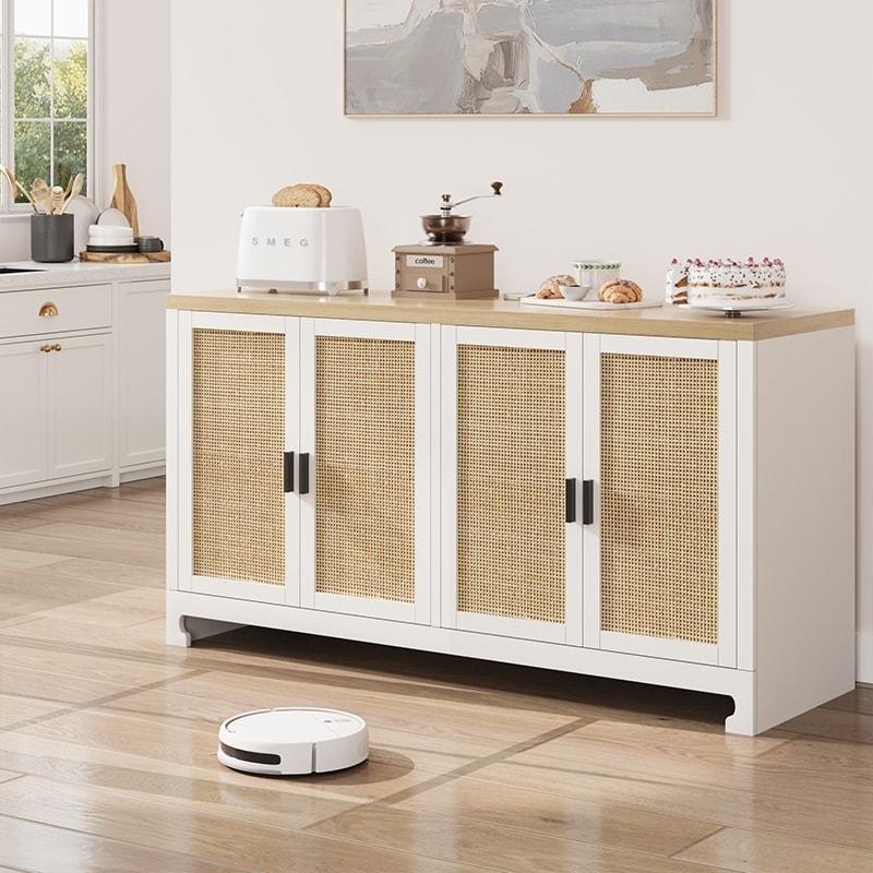 Doğal ve Beyaz Rattan 4 Kapaklı MDF Bohem Konsol - 325331