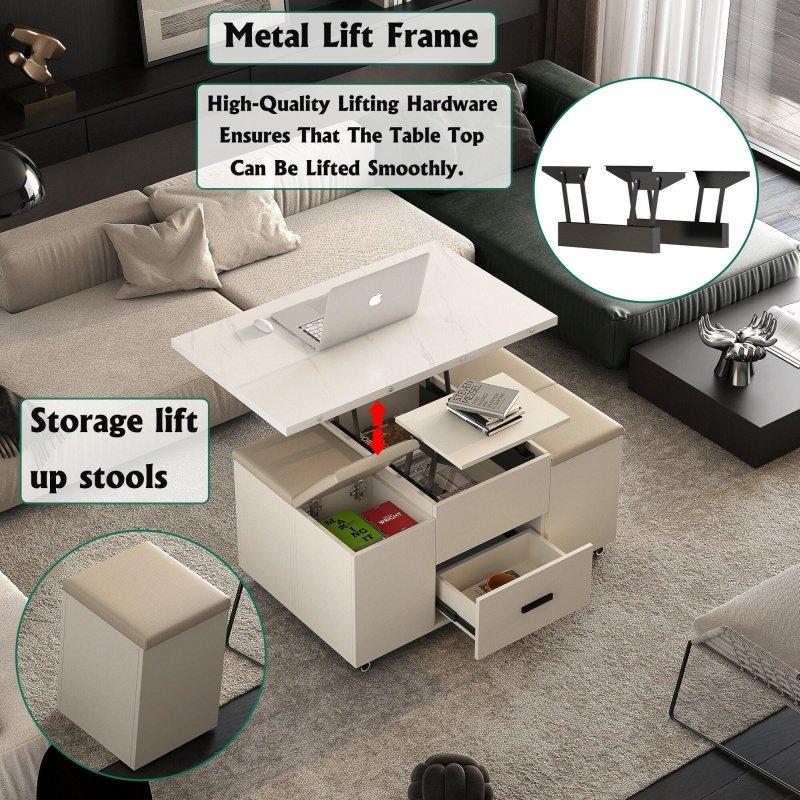 Doğal ve Sarı Renk 4 Tabureli Yükseltilebilir Çekmeceli MDF Akıllı Sehpa - 253536