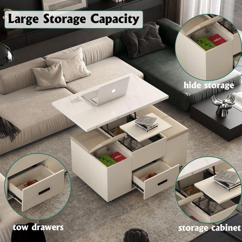 Doğal ve Sarı Renk 4 Tabureli Yükseltilebilir Çekmeceli MDF Akıllı Sehpa - 253536
