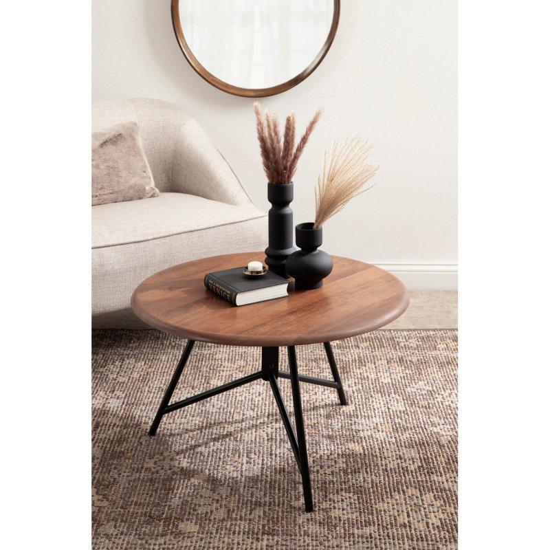 Doğal ve Siyah Masif Mango Ahşap ve Metal Tripod Ayaklı Yuvarlak Orta Sehpa - 72x46 cm - 241966