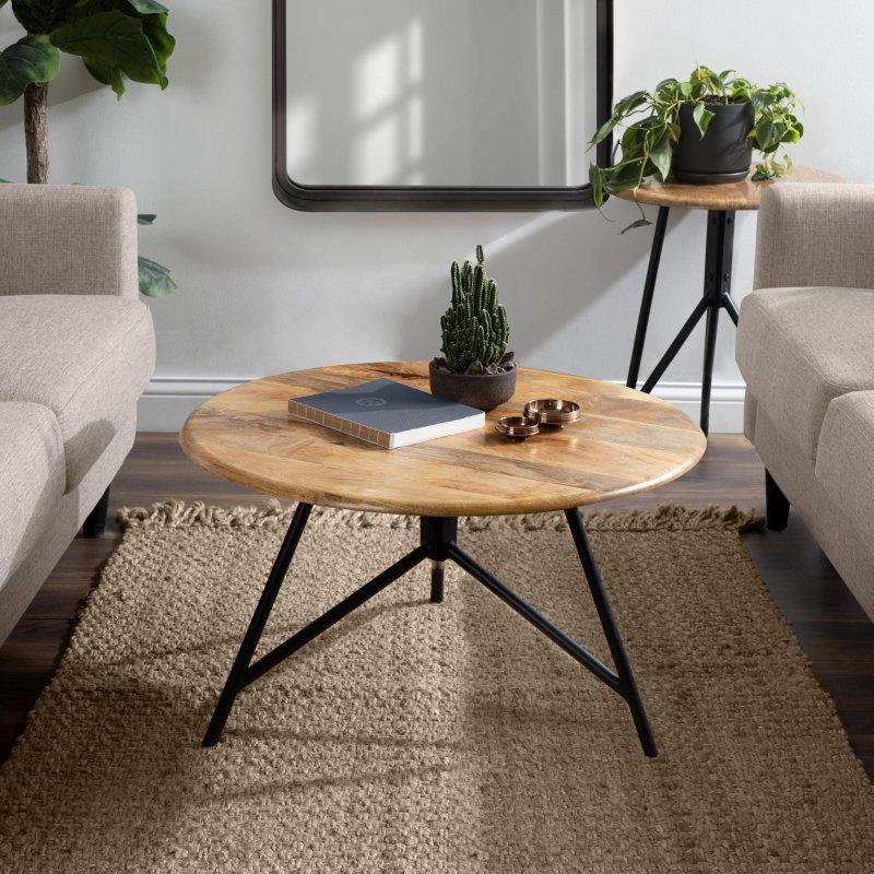 Doğal ve Siyah Masif Mango Ahşap ve Metal Tripod Ayaklı Yuvarlak Orta Sehpa - 72x46 cm - 241966