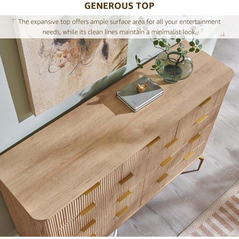 Doğal Yivli 9 Çekmeceli Gold Metal Detaylı MDF Şifonyer - 138x42x92 cm - 298434