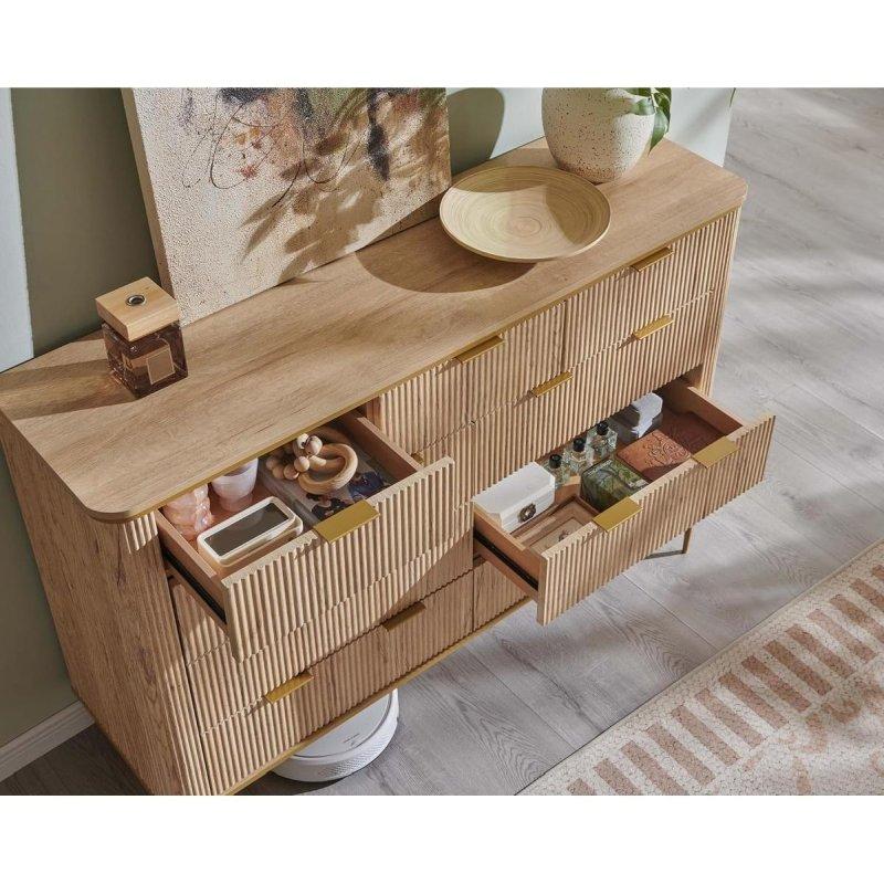 Doğal Yivli 9 Çekmeceli Gold Metal Detaylı MDF Şifonyer - 138x42x92 cm - 298434