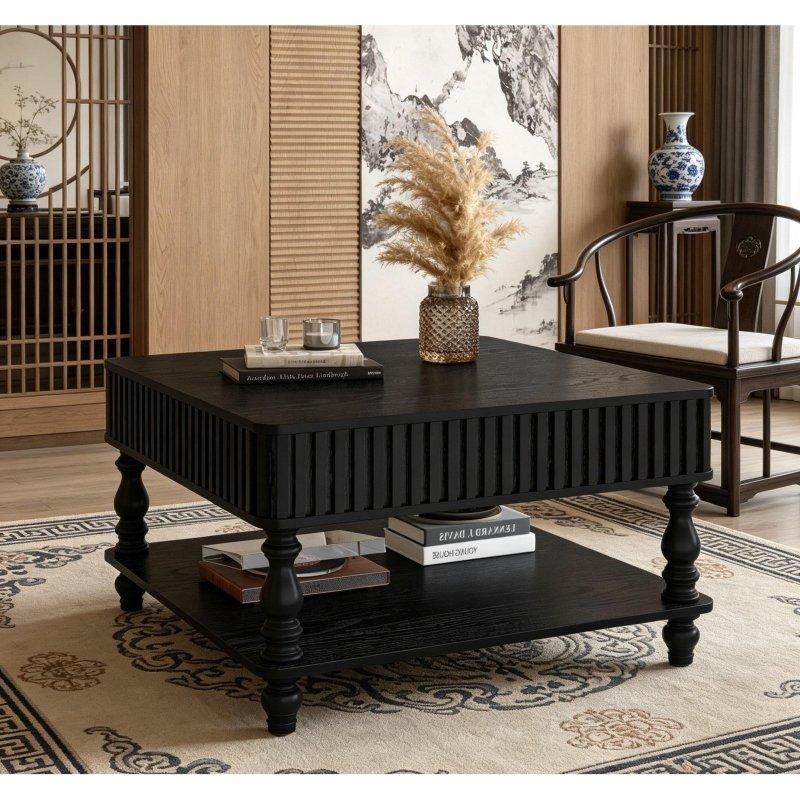 Doğal Yivli Masif Ahşap Ayaklı Gizli Bölmeli Akıllı Sehpa - 81x81 cm - 254794