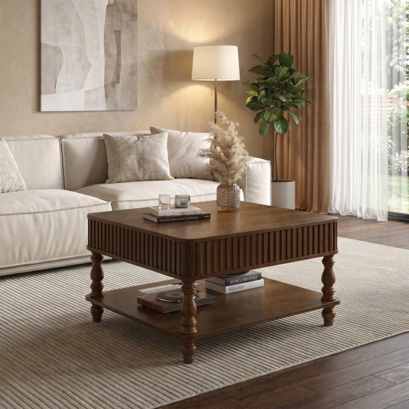 Doğal Yivli Masif Ahşap Ayaklı Gizli Bölmeli Akıllı Sehpa - 81x81 cm - 254794