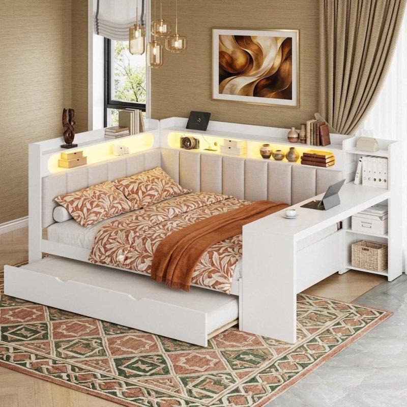 Döşemeli LED Aydınlatmalı Şarj İstasyonlu Masalı ve Yavru Yataklı Daybed Karyola - 330328 Döşemeli LED Aydınlatmalı Şarj İstasyonlu Masalı ve Yavru Yataklı Daybed Karyola - 330328