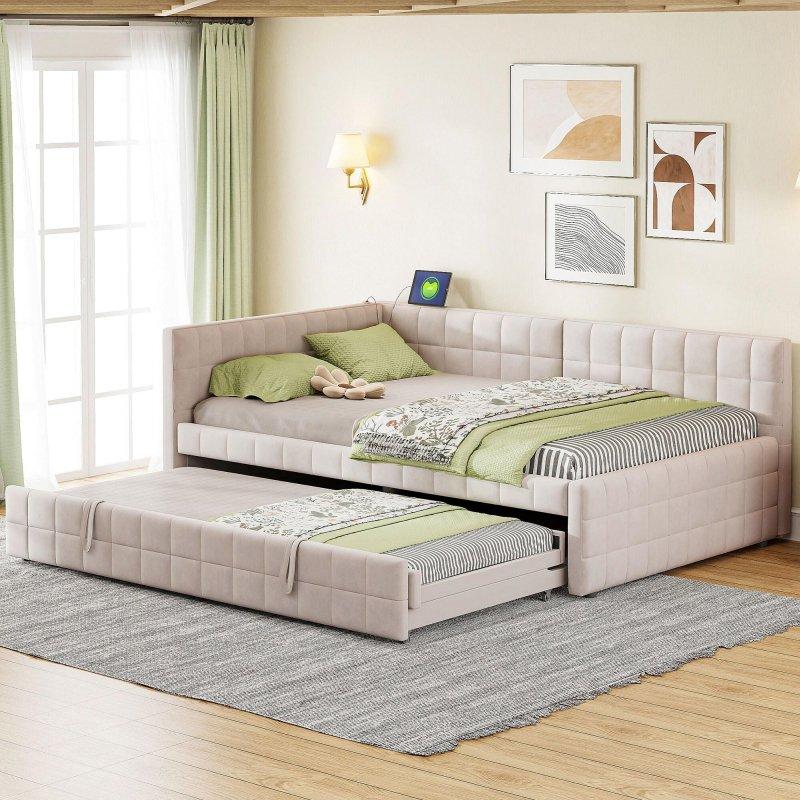 Düğme Kapitoneli Kumaş Döşemeli Yavru Yataklı ve USB Portlu Daybed Karyola - 329752