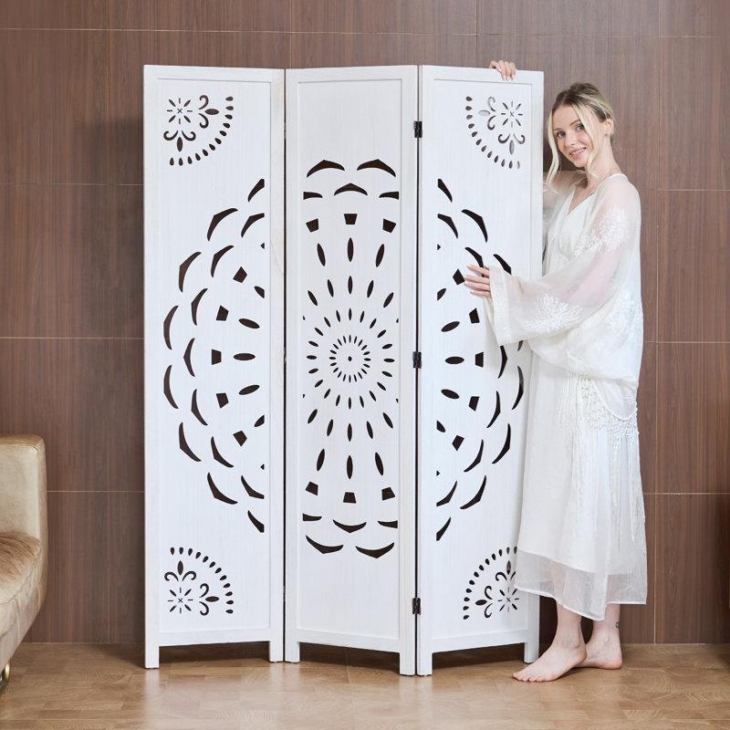 Eskitilmiş Beyaz Paulownia Ahşap Katlanır Paravan - 170x40x6 cm - 321761