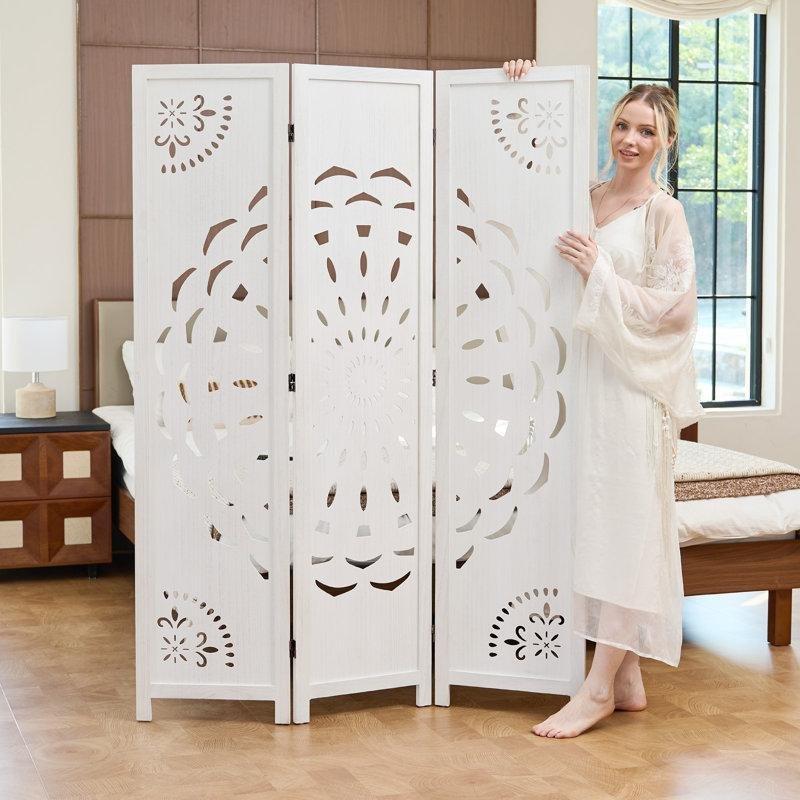 Eskitilmiş Beyaz Paulownia Ahşap Katlanır Paravan - 170x40x6 cm - 321761