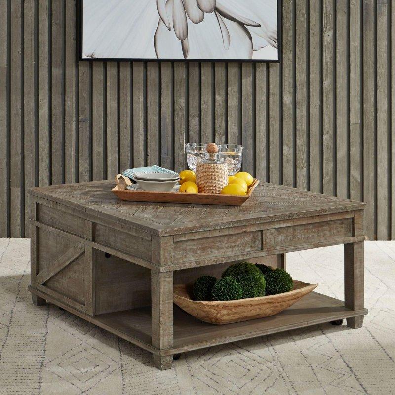 Eskitilmiş Vizon Masif Çam Tekerlekli Kaldırılabilir Tablalı Akıllı Sehpa - 92x92 cm - 253352