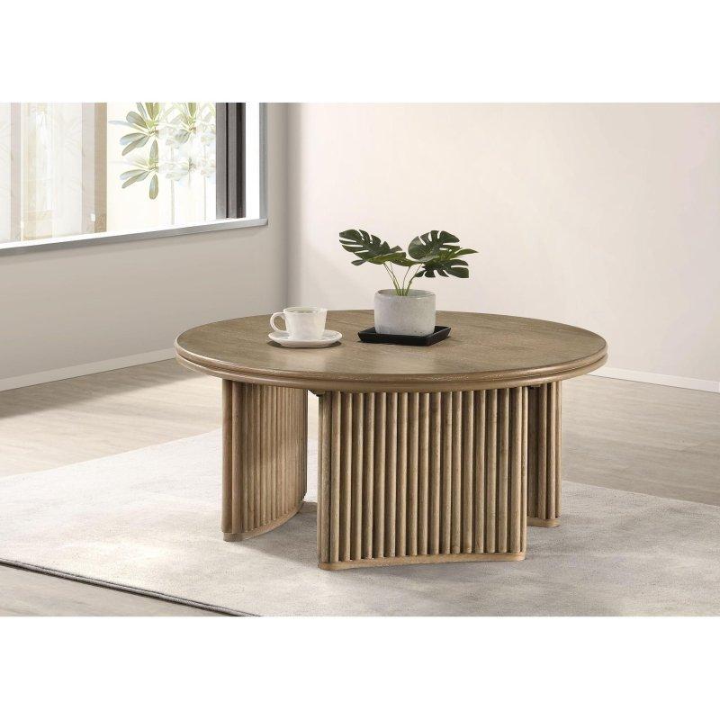 Eskitme Açık Kahverengi Dişbudak Kaplama Yivli Kaide Ayaklı Yuvarlak Orta Sehpa - 91x42 cm - 239658
