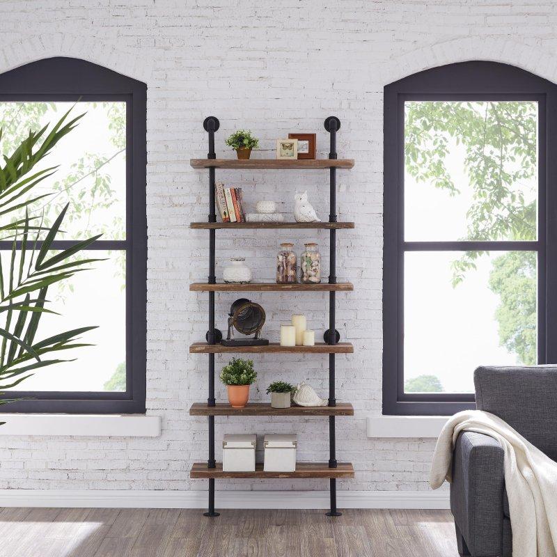 Eskitme Ahşap ve Metal 6 Raflı Duvara Monte Endüstriyel Kitaplık - 81x25x200 cm - 312589