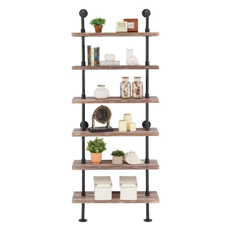 Eskitme Ahşap ve Metal 6 Raflı Duvara Monte Endüstriyel Kitaplık - 81x25x200 cm - 312589