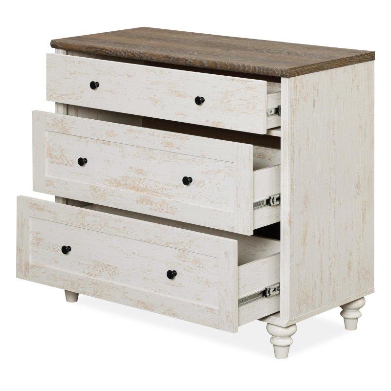 Eskitme Bej MDF 3 Çekmeceli Masif Ahşap Ayaklı Şifonyer - 87 cm - 308833