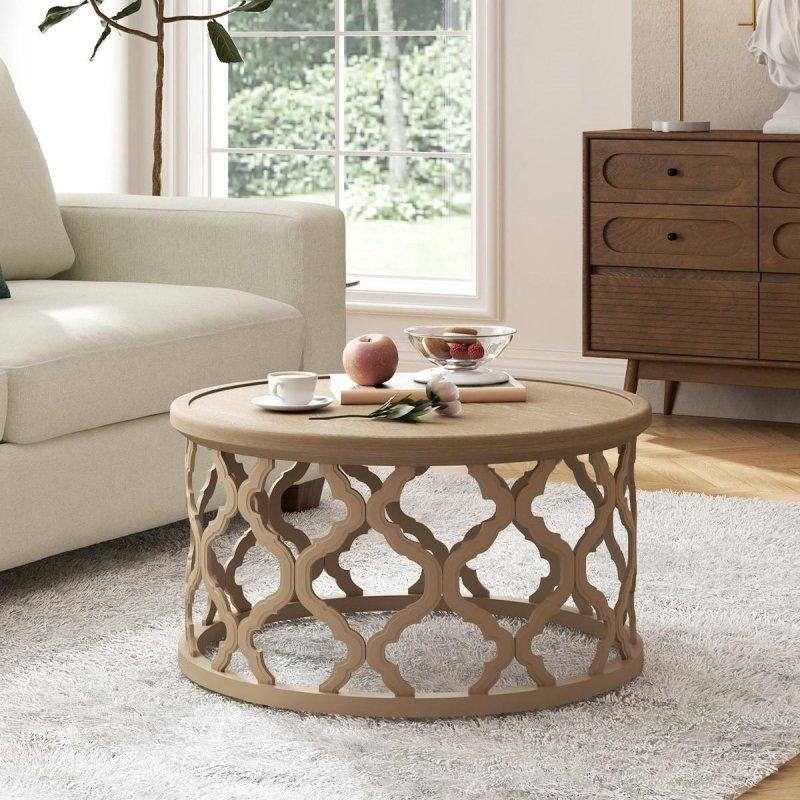 Eskitme Bej MDF Kır Evi Tarzı Yuvarlak Orta Sehpa - 77 cm - 242791