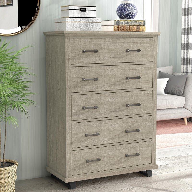 Eskitme Bej Meşe Metal 5 Çekmeceli Yüksek Ayaklı Şifonyer - 97x46x138 cm - 295462