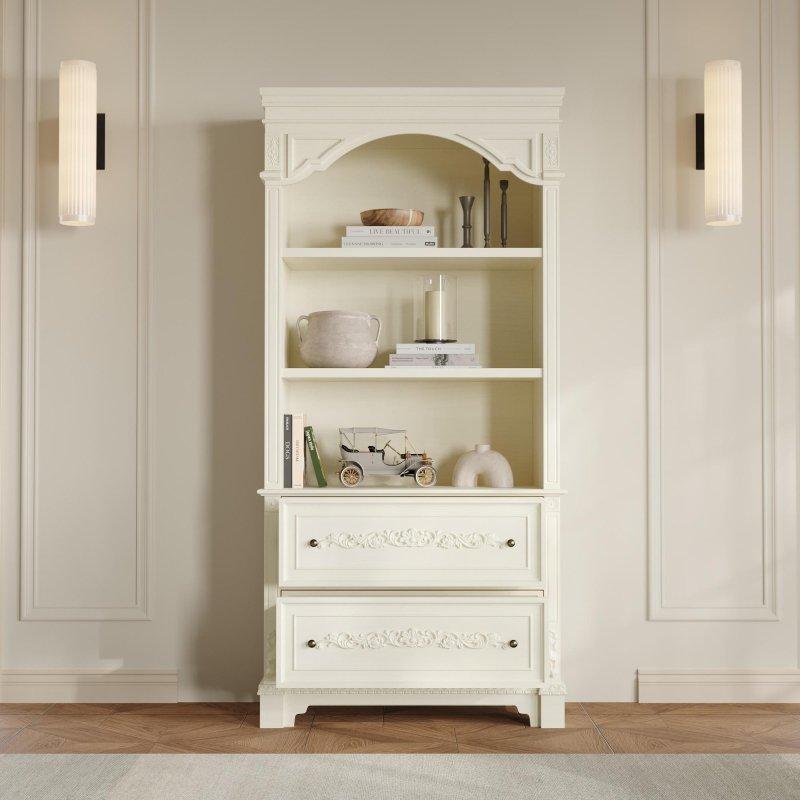 Eskitme Beyaz Ahşap Çekmeceli Kitaplık - 92x195x40 cm - 314959