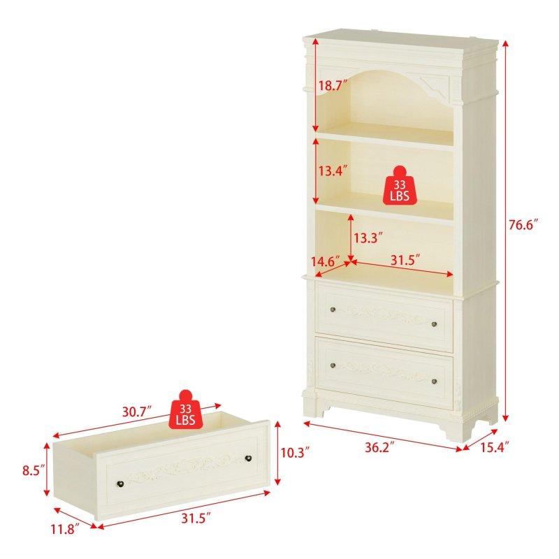 Eskitme Beyaz Ahşap Çekmeceli Kitaplık - 92x195x40 cm - 314959