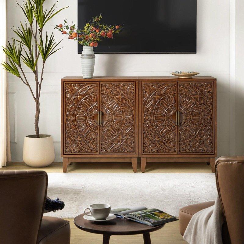 Eskitme Beyaz Çiçek Oymalı Gizli Çekmeceli 2li Set Bohem Konsol - 77x41x92 cm - 325125