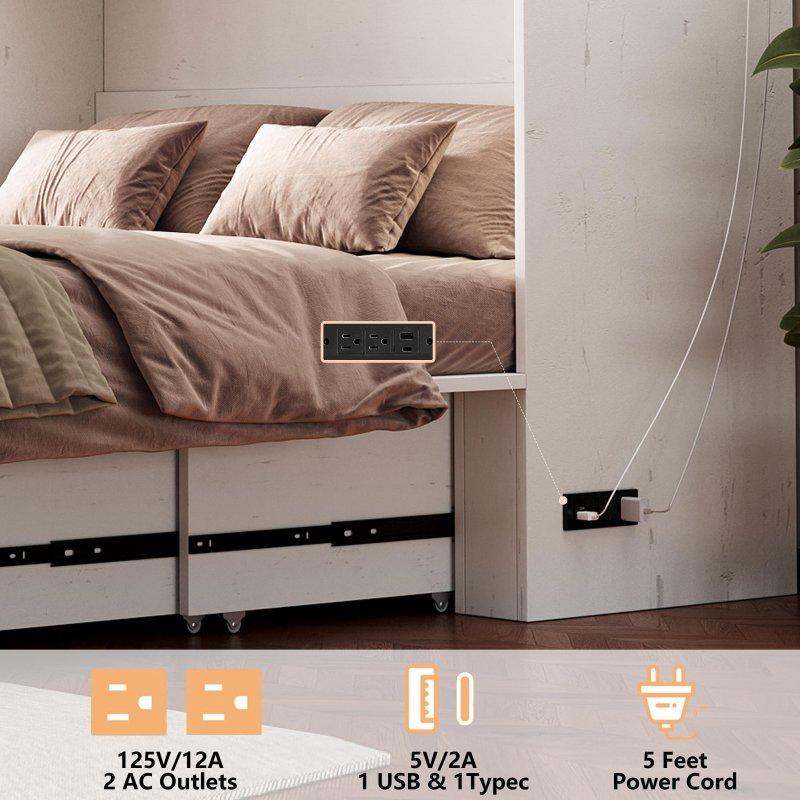 Eskitme Beyaz Endüstriyel Ahşap Şarj Üniteli Çekmeceli Katlanabilir Duvar Yatağı - 156 cm - 265758