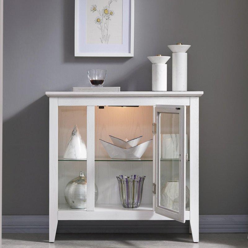 Eskitme Beyaz Masif Ahşap Işıklı Cam Kapaklı Kitaplık - 82x77x28 cm - 320182