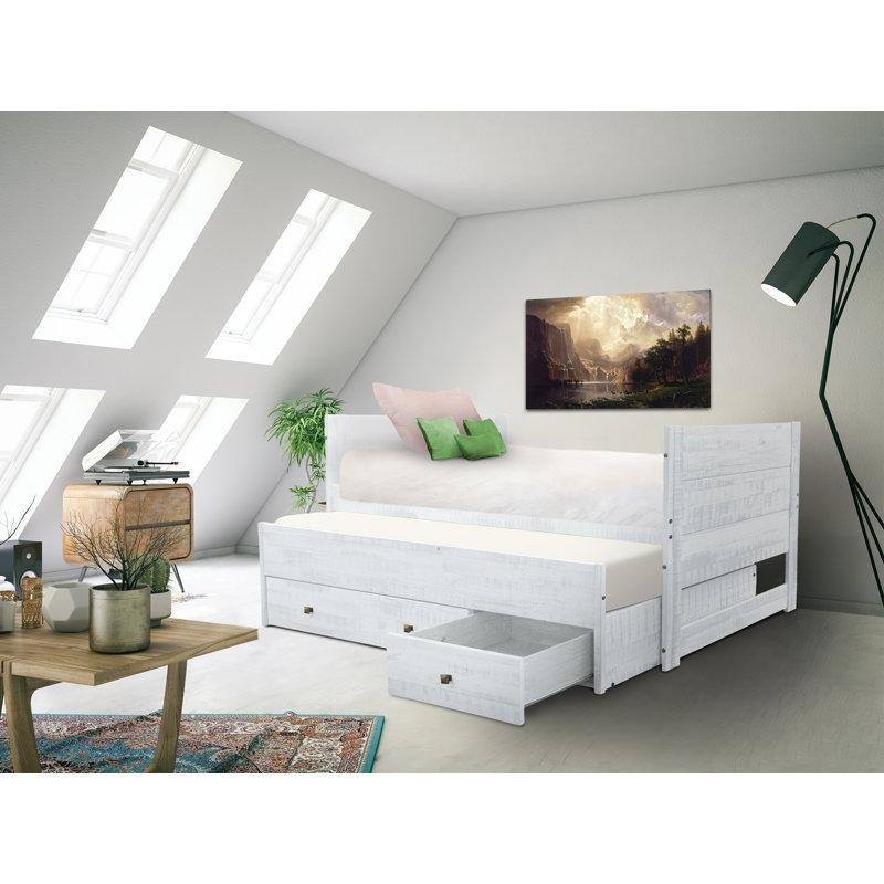 Eskitme Beyaz Masif Çam 3 Çekmeceli Yavru Yataklı Karyola - 107x195 cm - 329008