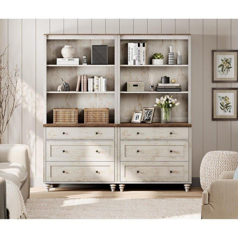 Eskitme Beyaz MDF Kapaklı Ayarlanabilir Raflı Country Kitaplık - 87x40x183 cm - 319832