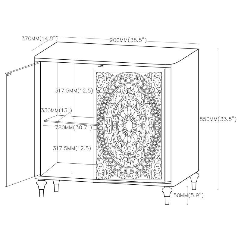 Eskitme Beyaz MDF Mandala Desenli Ayarlanabilir Raflı Bohem Konsol - 91x87x37 cm - 325511